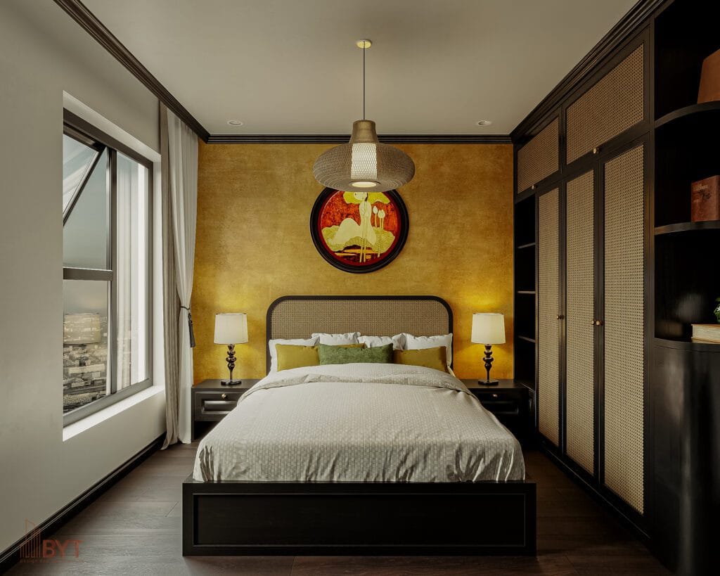 Thiết kế nội thất phòng ngủ Indochine sang trọng với gam màu vàng đồng