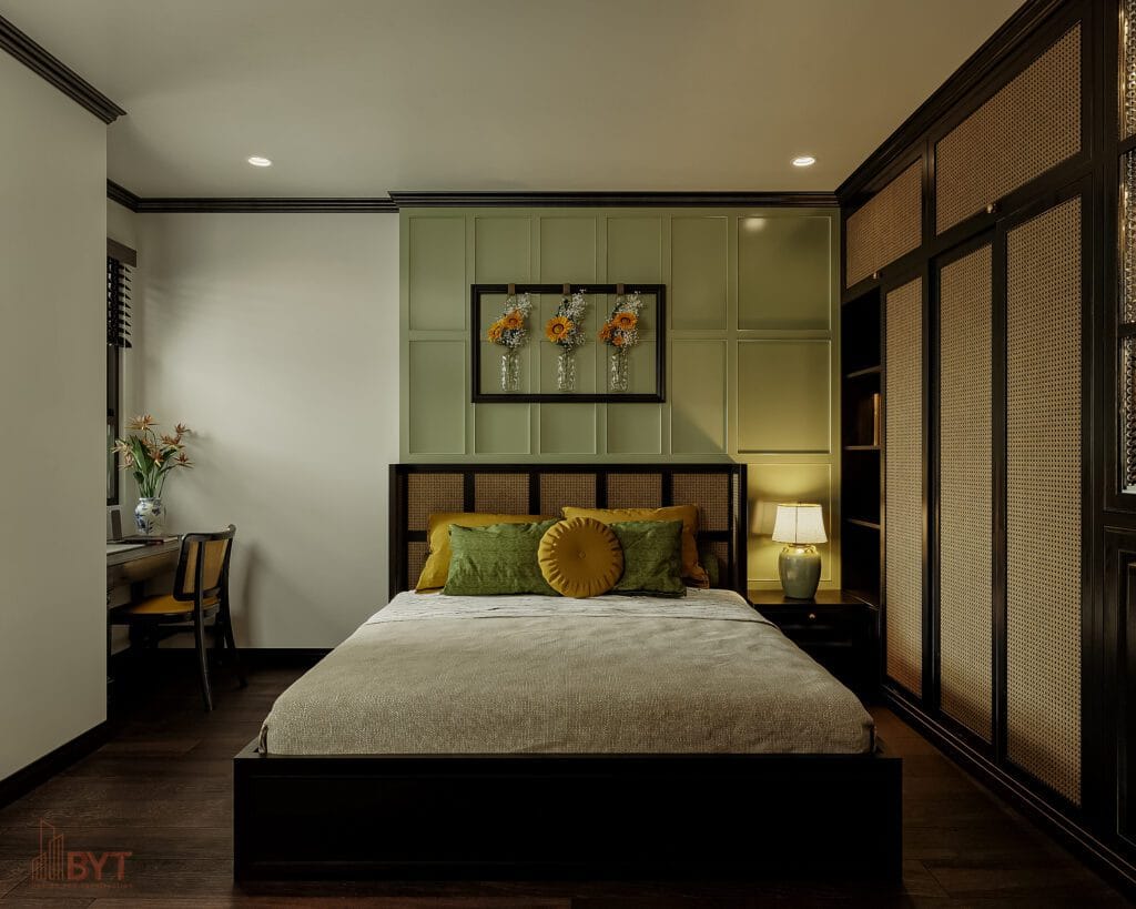 Thiết kế nội thất phòng ngủ Indochine trẻ trung với gam màu xanh tươi mát