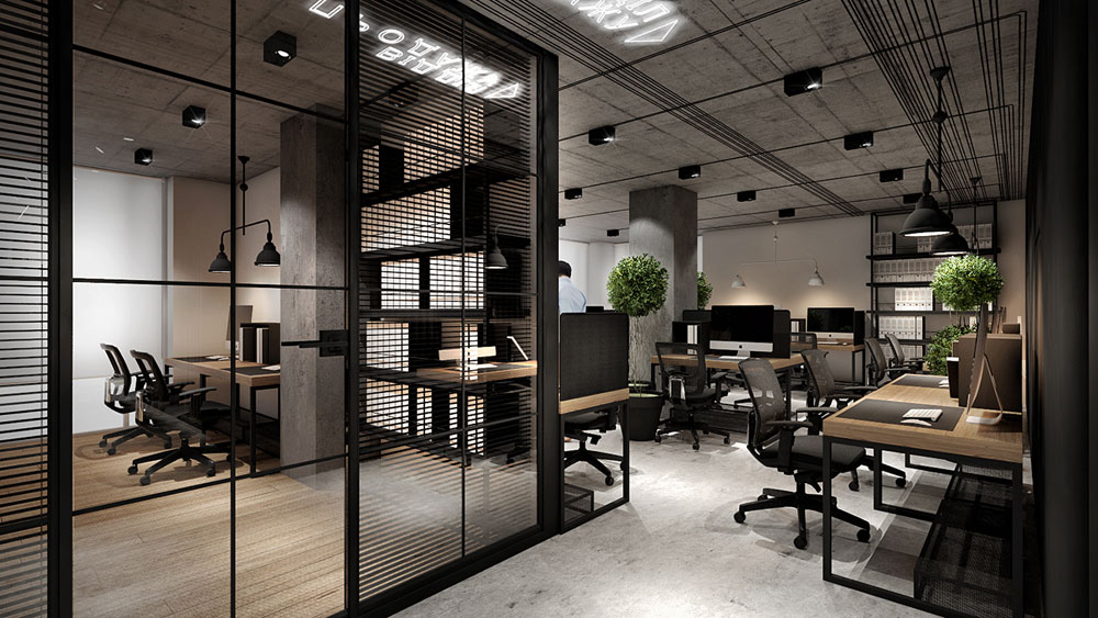 Mẫu thiết kế văn phòng 30m2 với vách ngăn kính