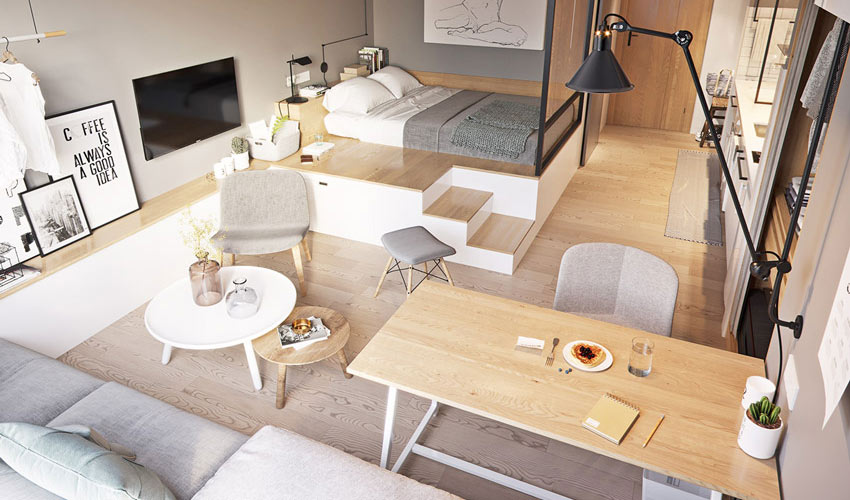 Căn hộ 30m2 kết hợp góc làm việc tiện nghi với bàn đôi, tủ sách, sofa, giường ngủ trong cùng một bố cục thông minh