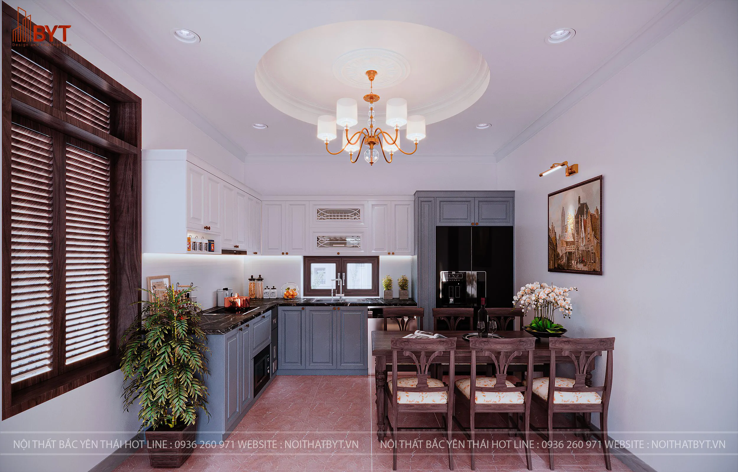 Thiết kế phòng bếp 16m2 phong cách Cổ Điển