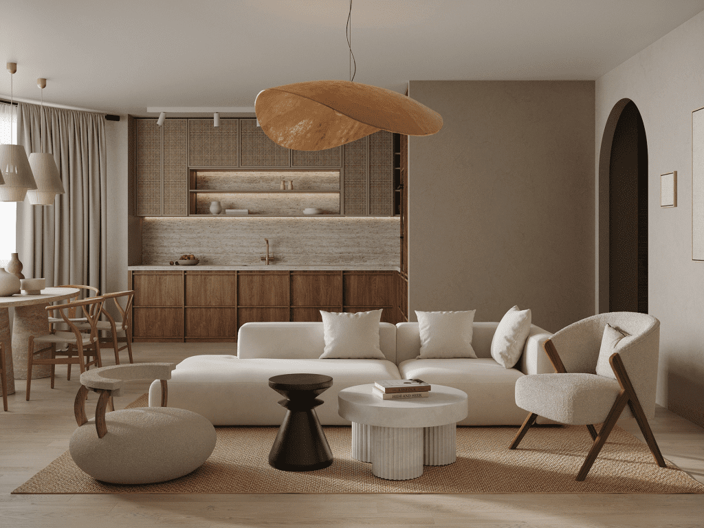 Không gian phòng khách - bếp căn hộ 50m2 thiết kế liên thông, sử dụng tông màu trung tính và nội thất tối giản hiện đại