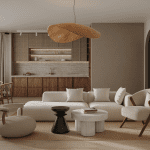 Không gian phòng khách - bếp căn hộ 50m2 thiết kế liên thông, sử dụng tông màu trung tính và nội thất tối giản hiện đại