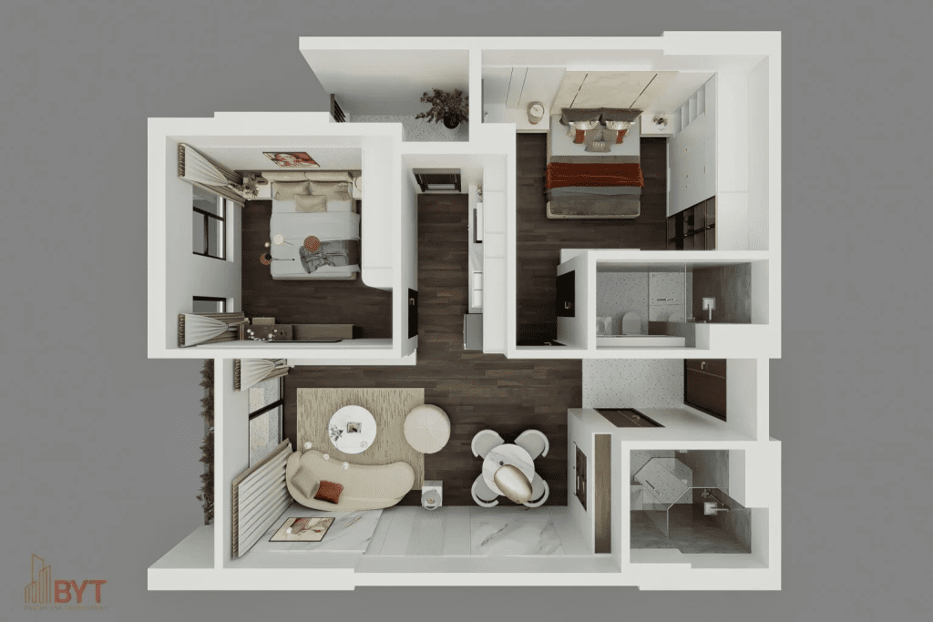 Không gian phòng khách - bếp căn hộ 50m2 thiết kế liên thông, sử dụng tông màu trung tính và nội thất tối giản hiện đại
