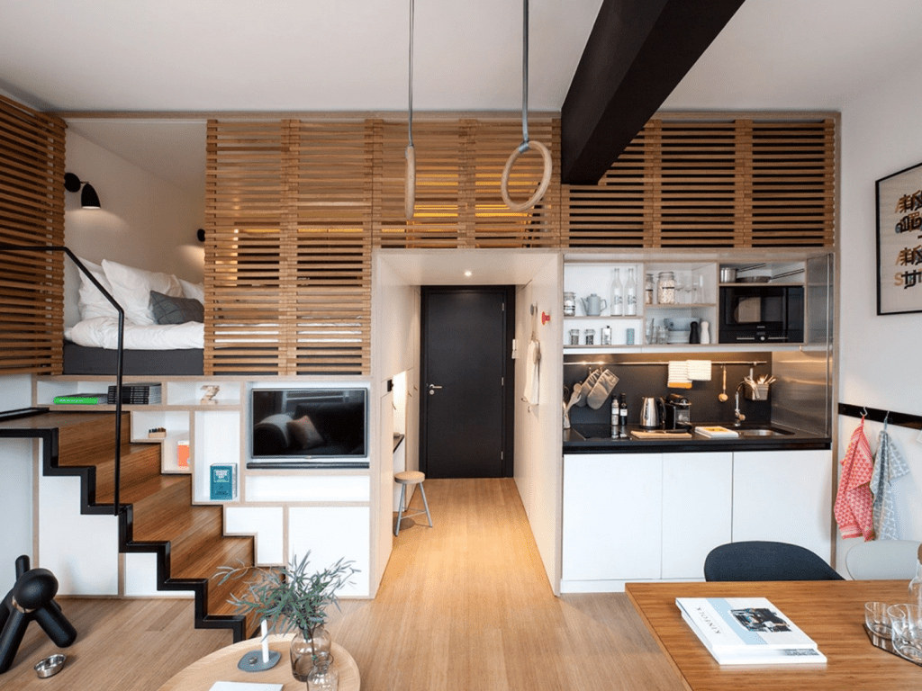 Mẫu thiết kế nội thất căn hộ 30m2 hiện đại với tầng lửng, phân tách không gian hợp lý giữa khu bếp, ngủ và làm việc
