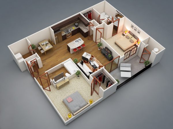 Mẫu thiết kế nội thất căn hộ 65m2 2 phòng ngủ