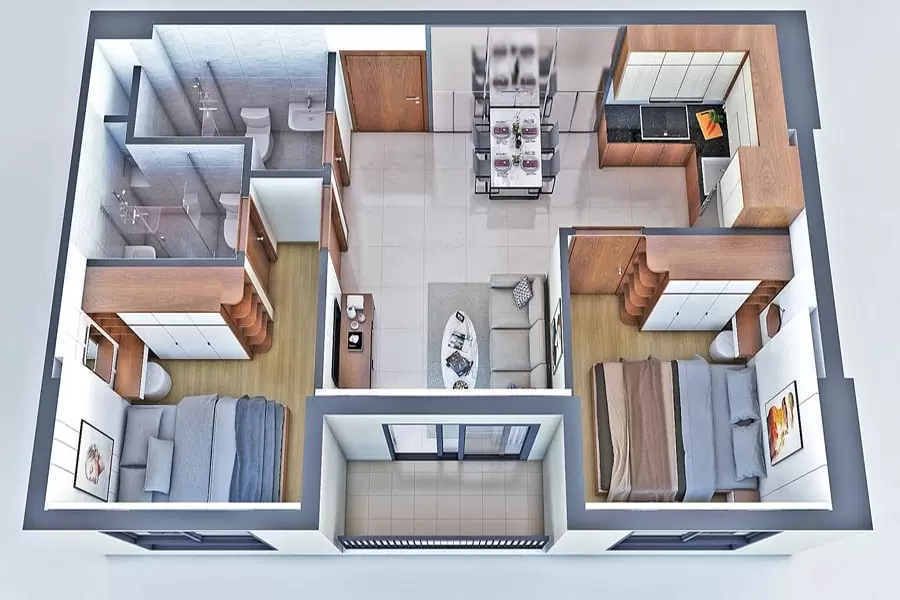 Mẫu thiết kế nội thất chung cư 60m2 2 phòng ngủ