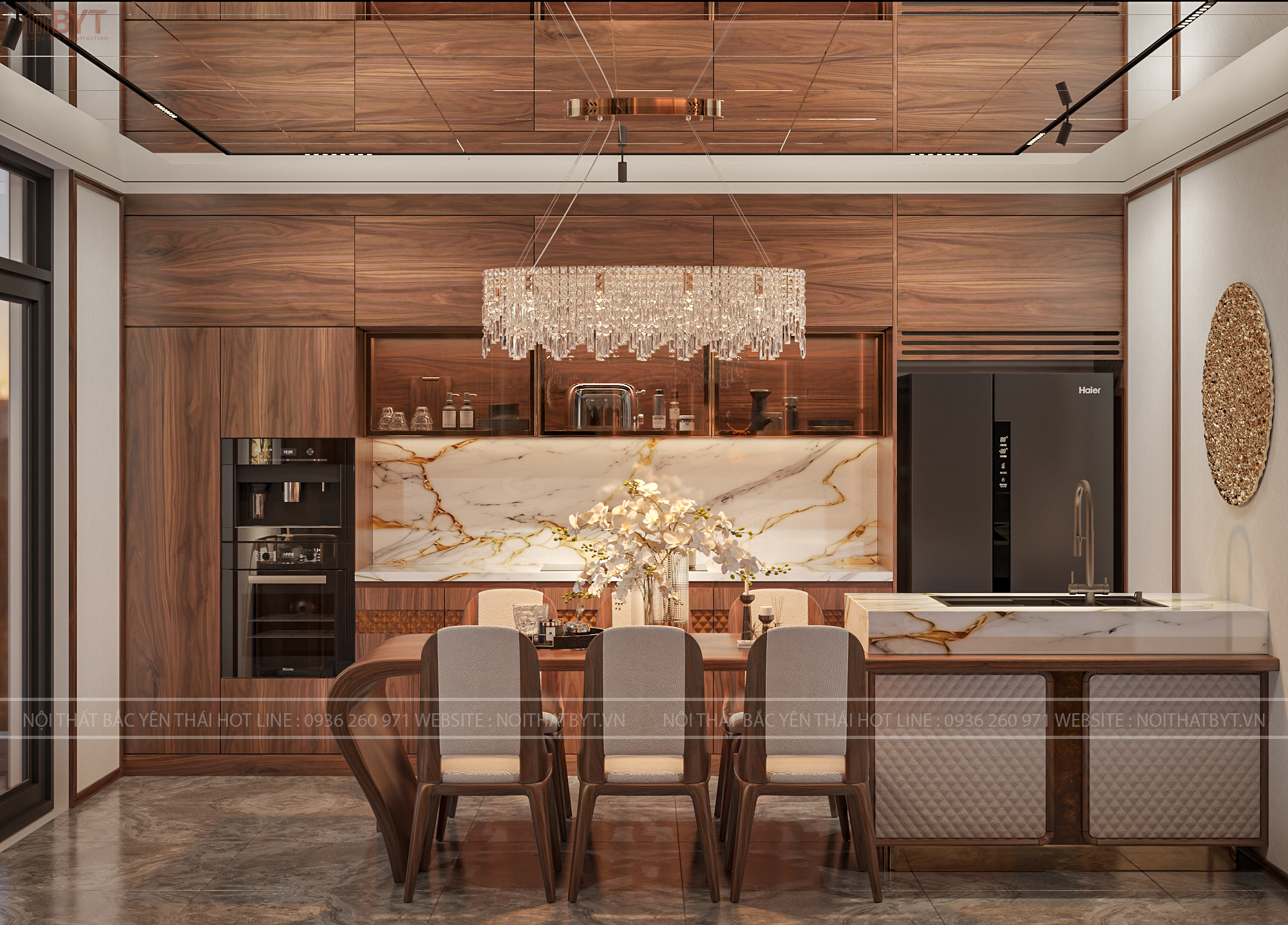 Thiết kế phòng khách liền bếp 40m2 có quầy bar