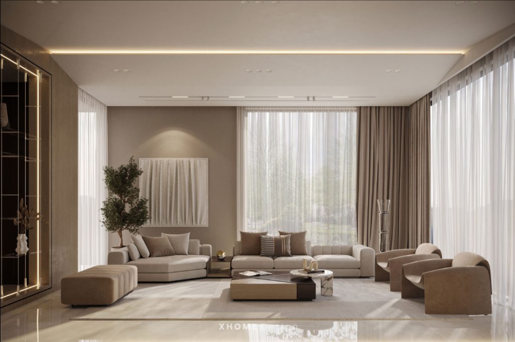 Mô tả mẫu thiết kế hiện đại với nội thất căn hộ 65m2 tối giản, màu trung tính, đường nét sắc sảo