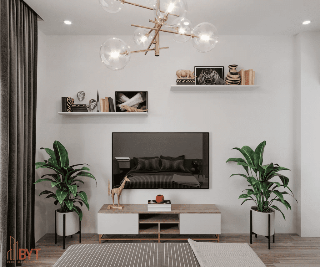 Nội thất phong cách hiện đại trong căn hộ 30m2 sử dụng màu trung tính, kệ nổi và ánh sáng trần tinh tế