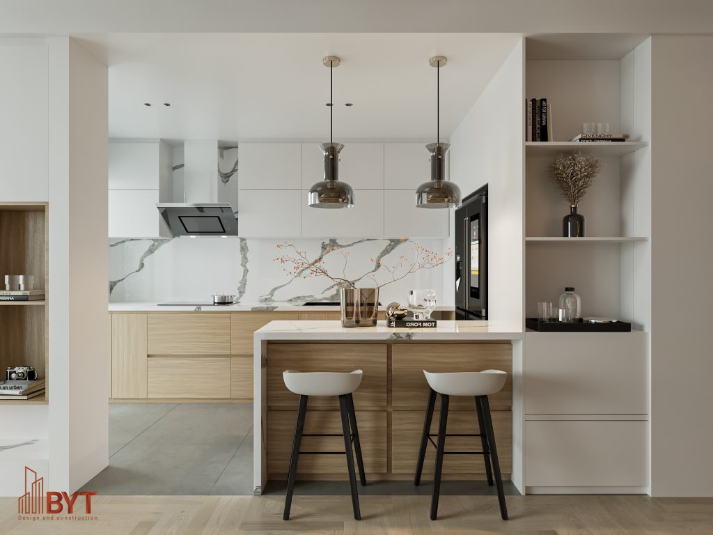 Phòng bếp mở trong thiết kế nội thất căn hộ 54m2 hiện đại