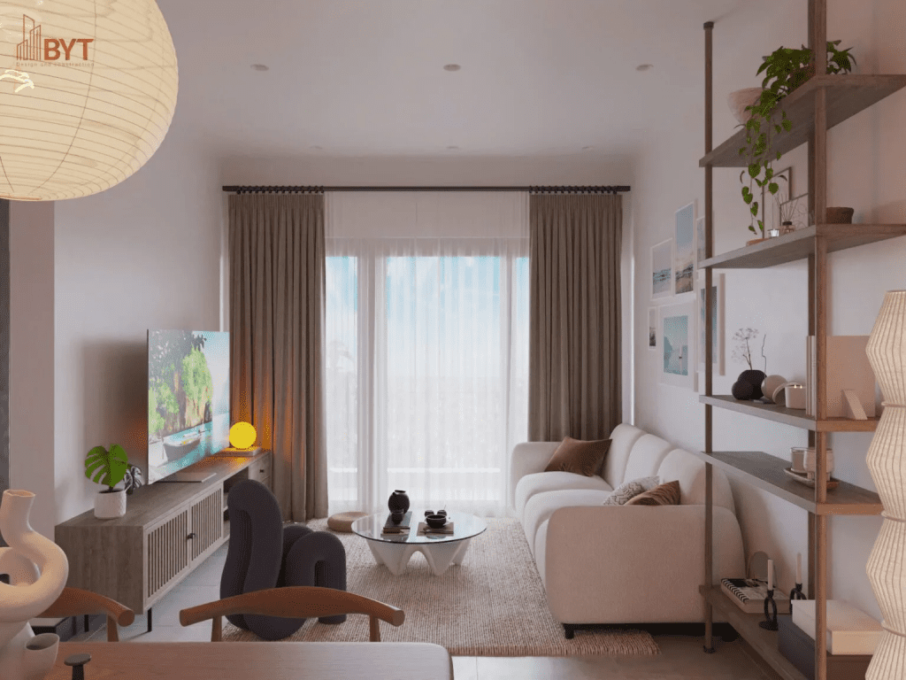 Phòng khách căn hộ 50m2 thiết kế hiện đại, sofa nhỏ gọn, kệ mở liền trần và ánh sáng tự nhiên tạo cảm giác thông thoáng