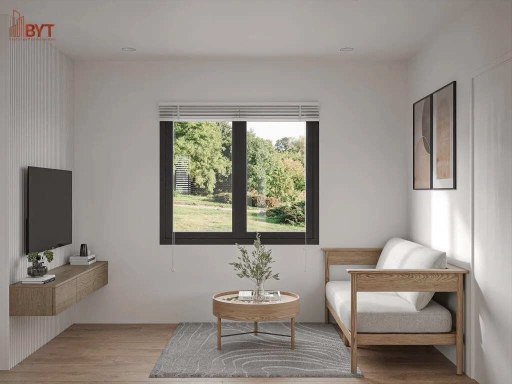 Phòng khách căn hộ 50m² thiết kế tối giản, nội thất gỗ sáng, đón sáng tự nhiên qua cửa sổ lớn