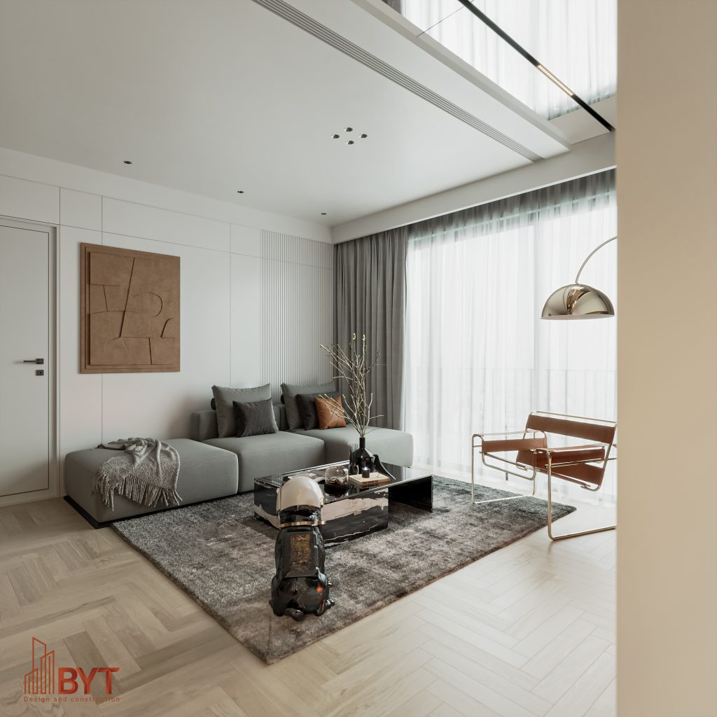 Phòng khách căn hộ 54m2 với sofa nhỏ và ánh sáng tự nhiên