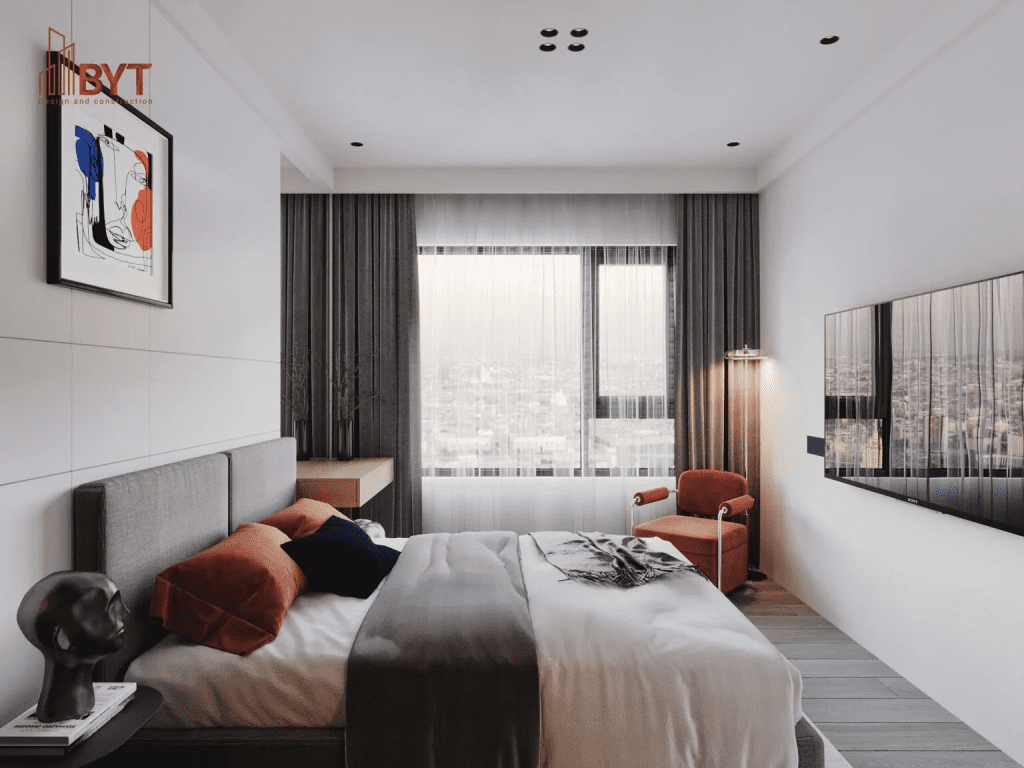 Phòng ngủ căn hộ 50m2 1 phòng ngủ hiện đại, tone trắng xám, tối ưu không gian và ánh sáng tự nhiên
