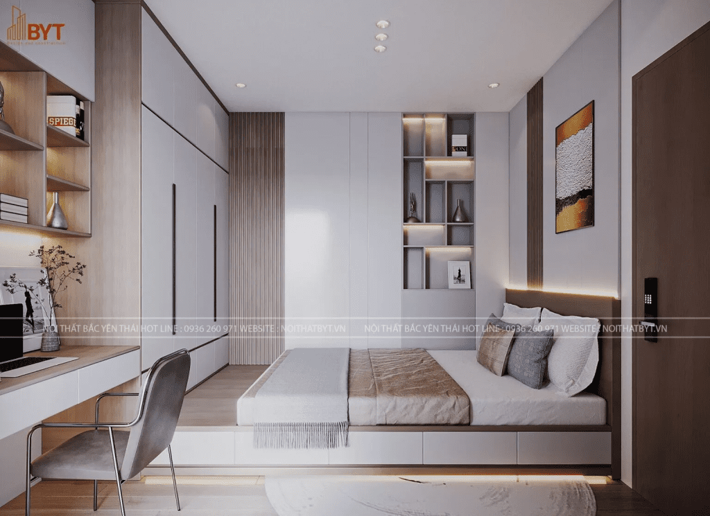 Phòng ngủ căn hộ 50m2 được bố trí giường đa năng, tủ âm trần và bàn làm việc liền kệ
