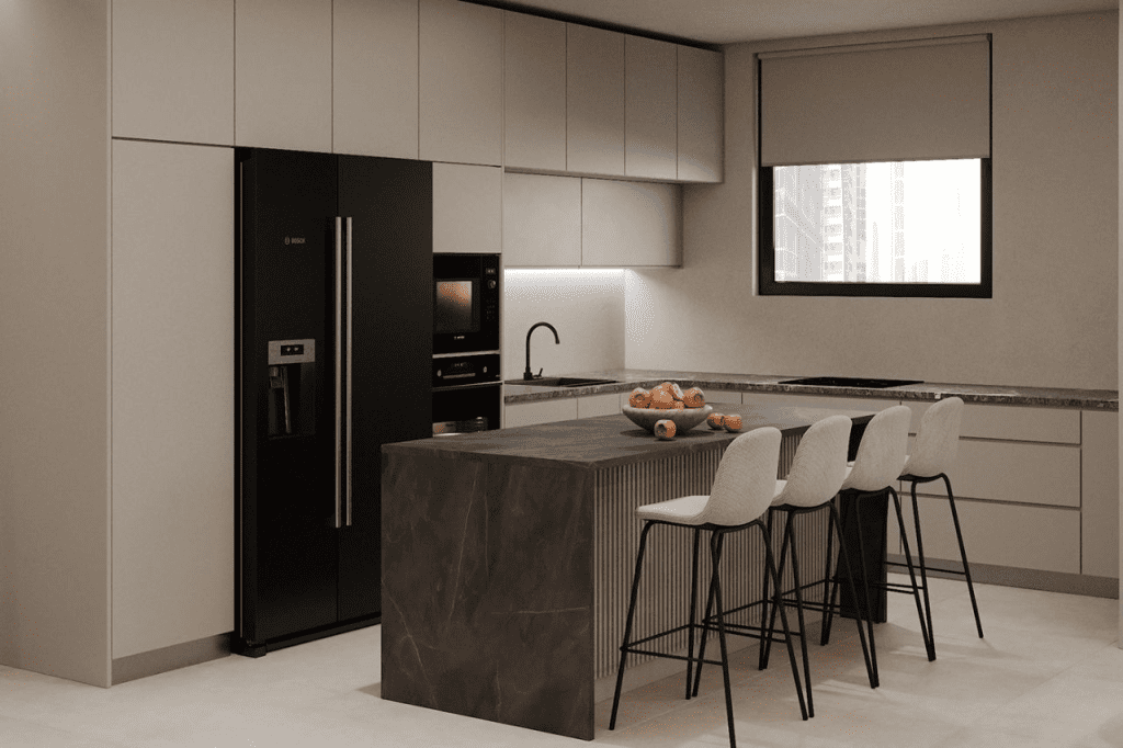 Thiết kế bếp căn hộ 50m2 phong cách tối giản với đảo bếp trung tâm, tủ bếp âm tường và gam màu trung tính hiện đại