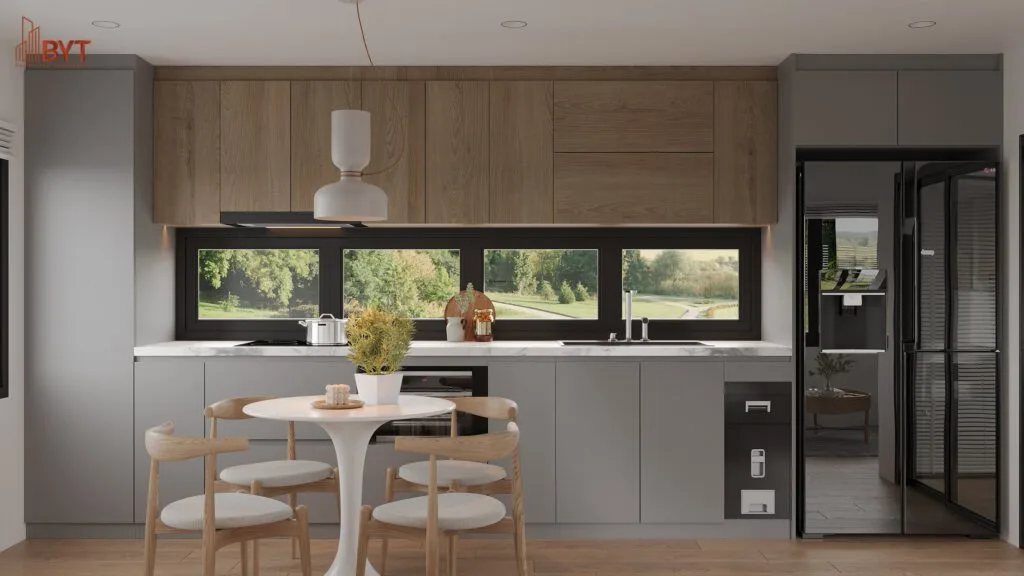 Thiết kế nội thất bếp chung cư 60m2 tại Hà Đông, bố trí bàn ăn tròn, hệ tủ bếp chữ I và cửa kính lớn đón sáng tự nhiên