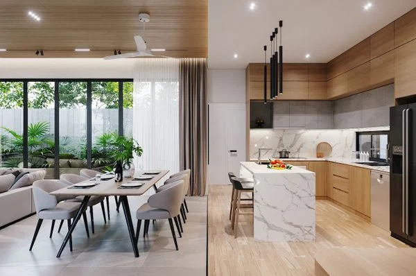 Thiết kế nội thất căn hộ 66m2 phòng bếp với thiết kế hiện đại và tiện lợi
