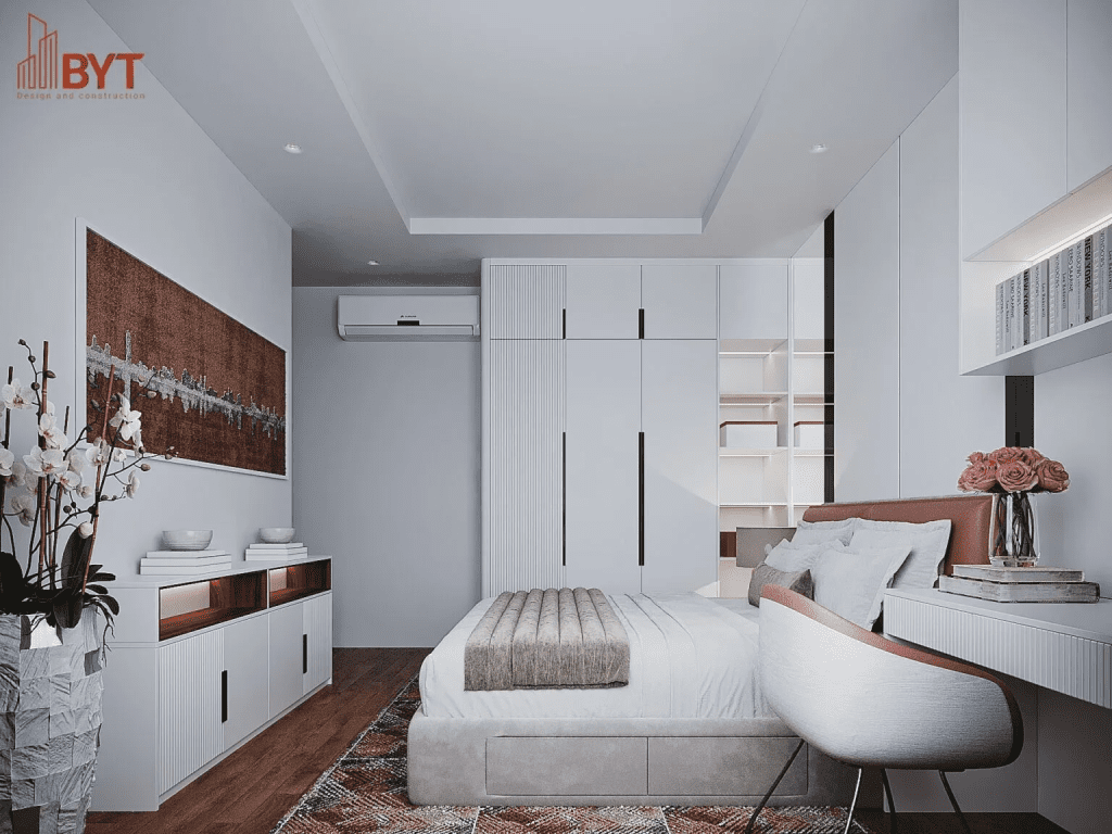 Thiết kế nội thất căn hộ tủ cao kịch trần, giường có hộc kéo và kệ treo tường