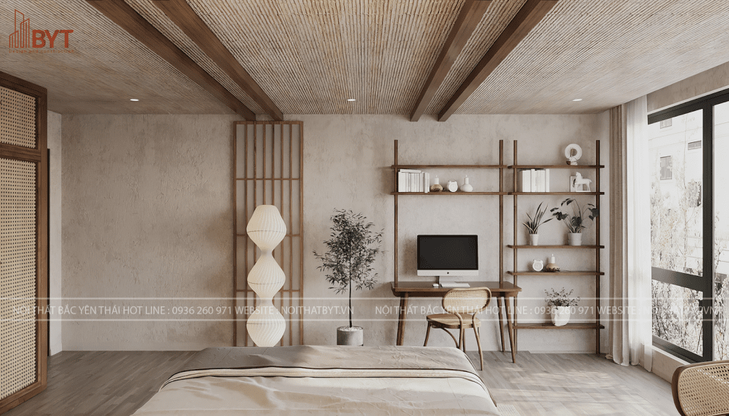 Thiết kế nội thất chung cư 52m2 phòng khách tích hợp góc làm việc