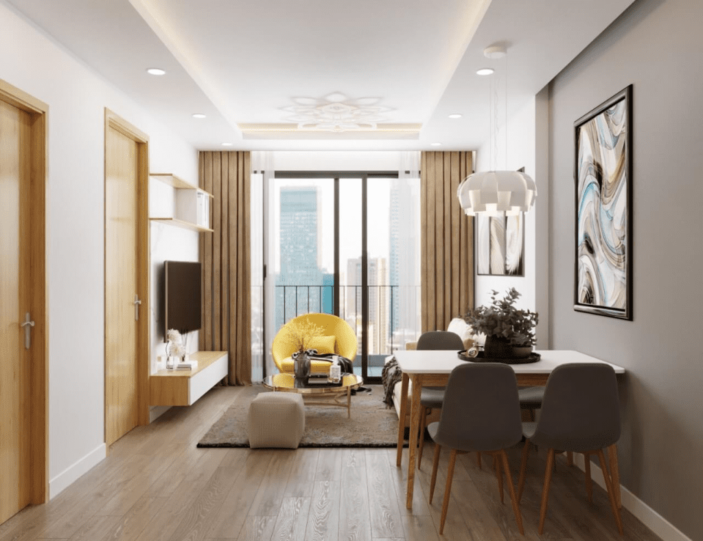 Thiết kế phòng khách tận dụng tối đa nguồn sáng tự nhiên từ cửa kính ban công rộng, mang lại cảm giác mở rộng không gian