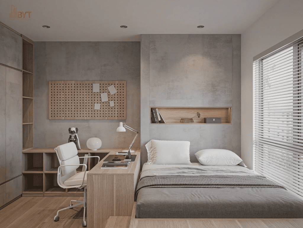 Thiết kế phòng ngủ căn hộ nhỏ 30m2 đơn giản, tinh tế với nội thất gọn gàng và kệ lưu trữ thông minh