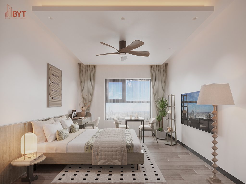 Phòng ngủ chung cư tối giản với view thành phố