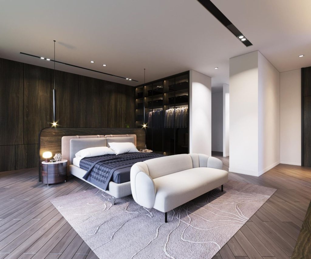 Mẫu thiết kế nội thất căn hộ 64m2 cho cặp đôi trẻ với sofa đôi và phòng ngủ giường đôi.