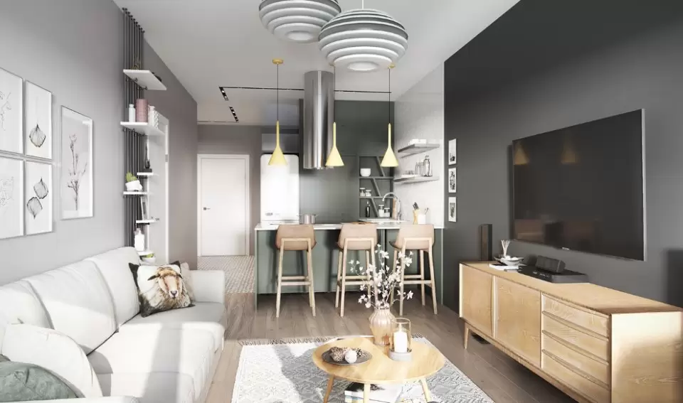 Mẫu thiết kế nội thất căn hộ 64m2 cho người độc thân với sofa đơn và bàn làm việc gấp.