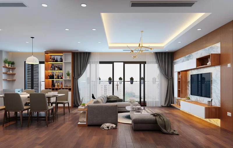 Mẫu thiết kế nội thất căn hộ 64m2 phong cách bền vững với sofa tái chế và ban công ghế mây.