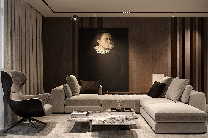 Mẫu thiết kế nội thất căn hộ 64m2 phong cách đương đại với sofa da và tranh treo lớn.