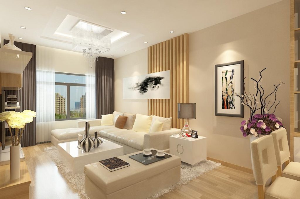 Mẫu thiết kế nội thất căn hộ 64m2 phong cách hiện đại với sofa dài và bàn trà tích hợp cổng sạc.