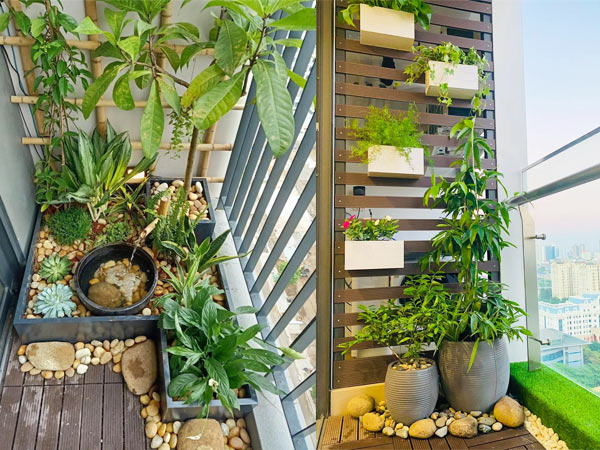 Mẫu thiết kế nội thất căn hộ 64m2 với ban công xanh ghế nhựa và chậu cây nhỏ