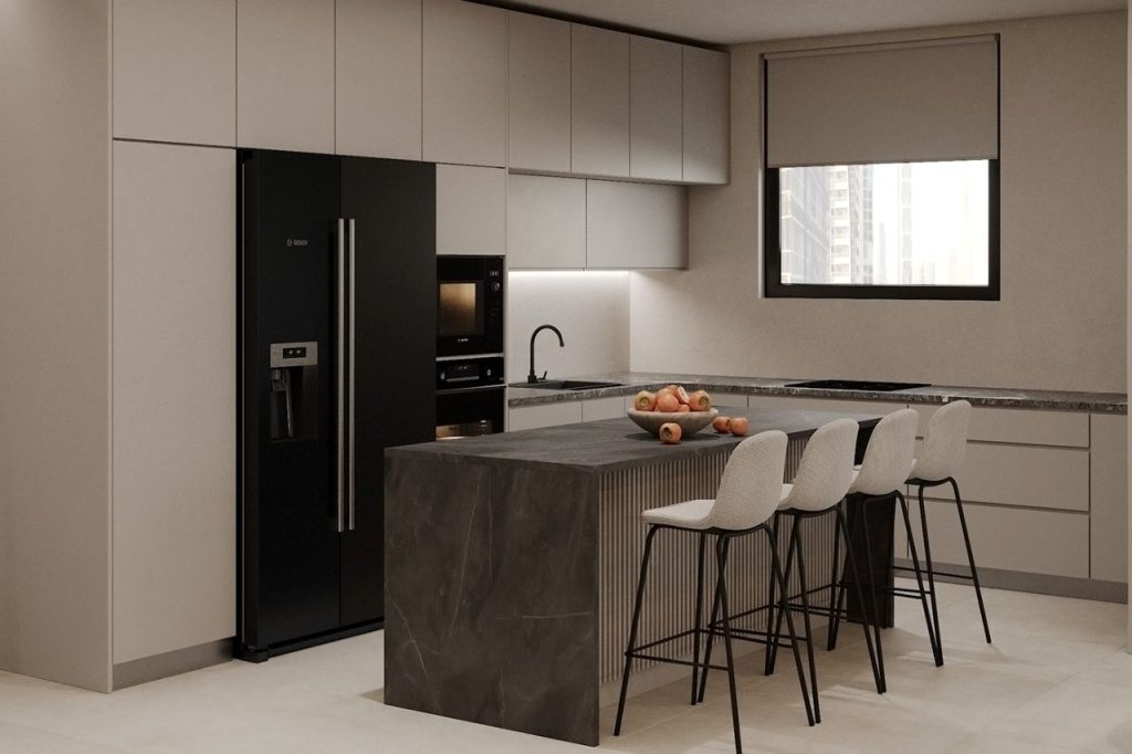 Mẫu thiết kế nội thất căn hộ 64m2 với phòng bếp nhỏ gọn, tủ chữ I, và bàn đảo tiện ích.