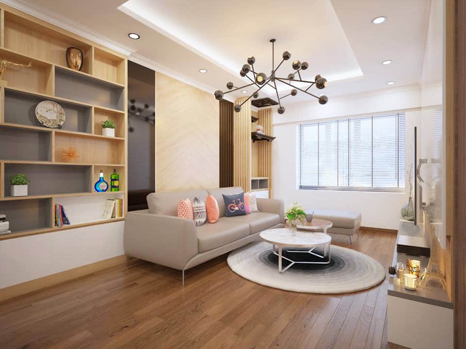 Mẫu thiết kế nội thất căn hộ 64m2 với phòng khách đa năng, sofa góc, và kệ treo tường.