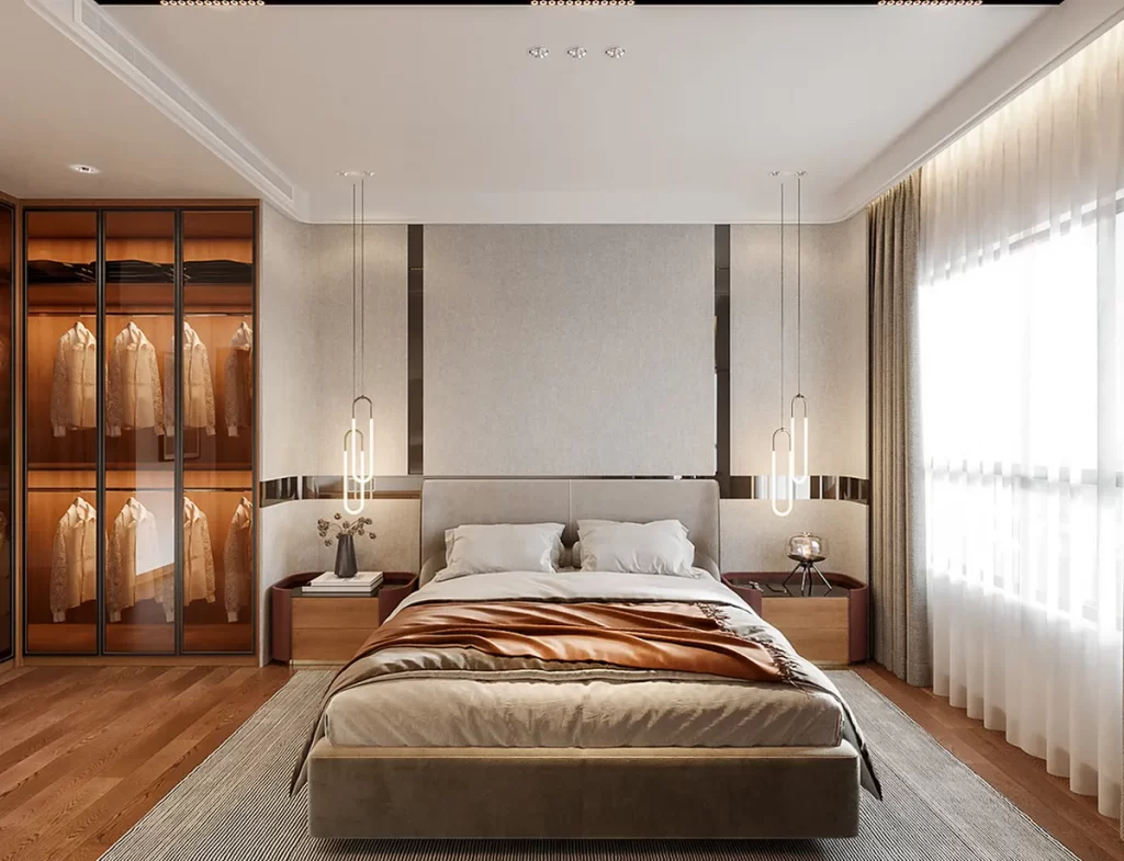 Mẫu thiết kế nội thất căn hộ 64m2 với phòng ngủ có giường hộc chứa và tủ âm tường.