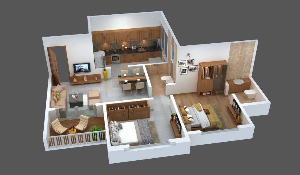 Mẫu thiết kế nội thất chung cư 67m2 1 phòng ngủ + 1 không gian đa năng