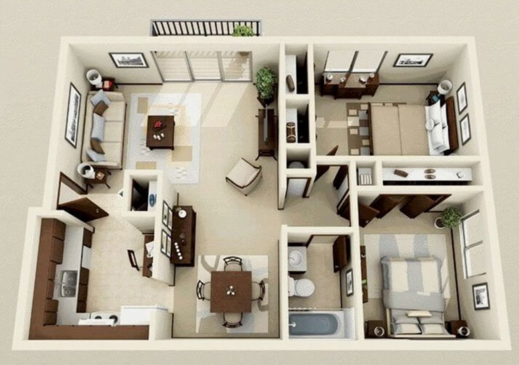 Mẫu thiết kế nội thất chung cư 67m2 2 phòng ngủ
