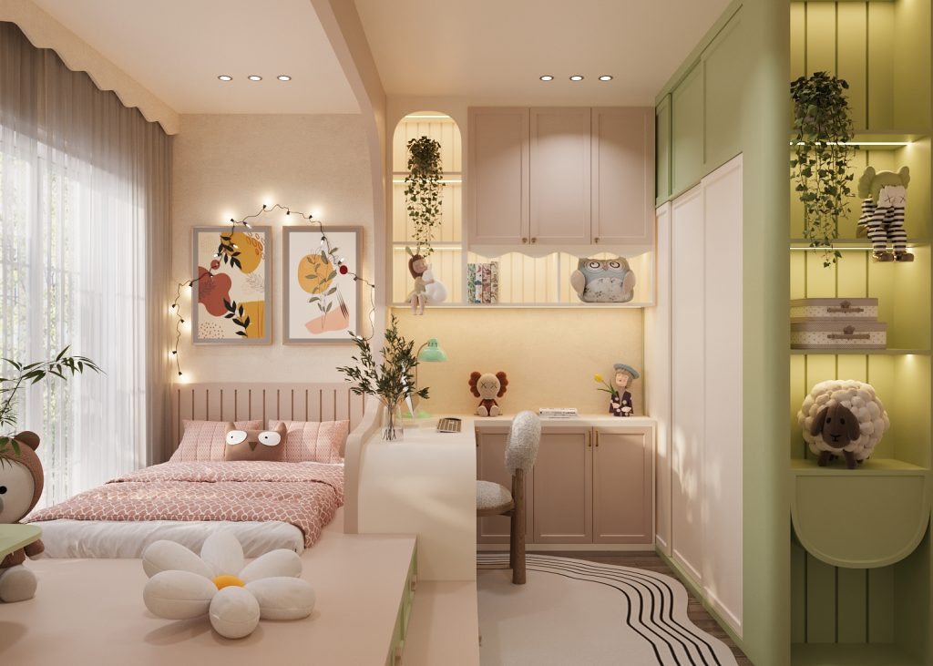 Thiết kế nội thất biệt thự Hà Đông với phòng ngủ bé gái giường canopy và màu hồng phấn.