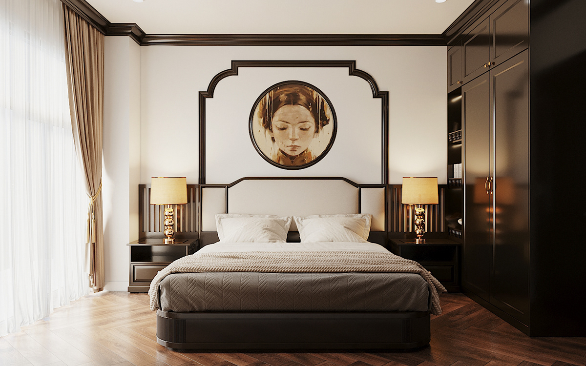 Thiết kế phòng ngủ 35m2 phong cách Indochine