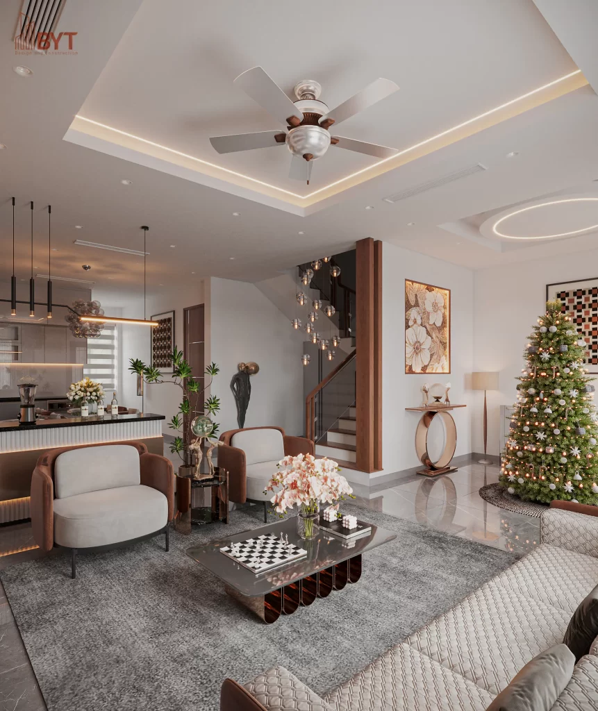 Thi công nội thất phòng khách nhà liền kề thời thượng sảnh chờ chính