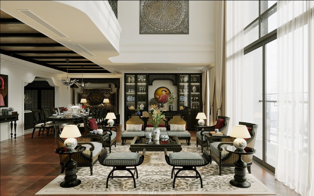 Thi công nội thất phòng khách phong cách nội thất Indochine