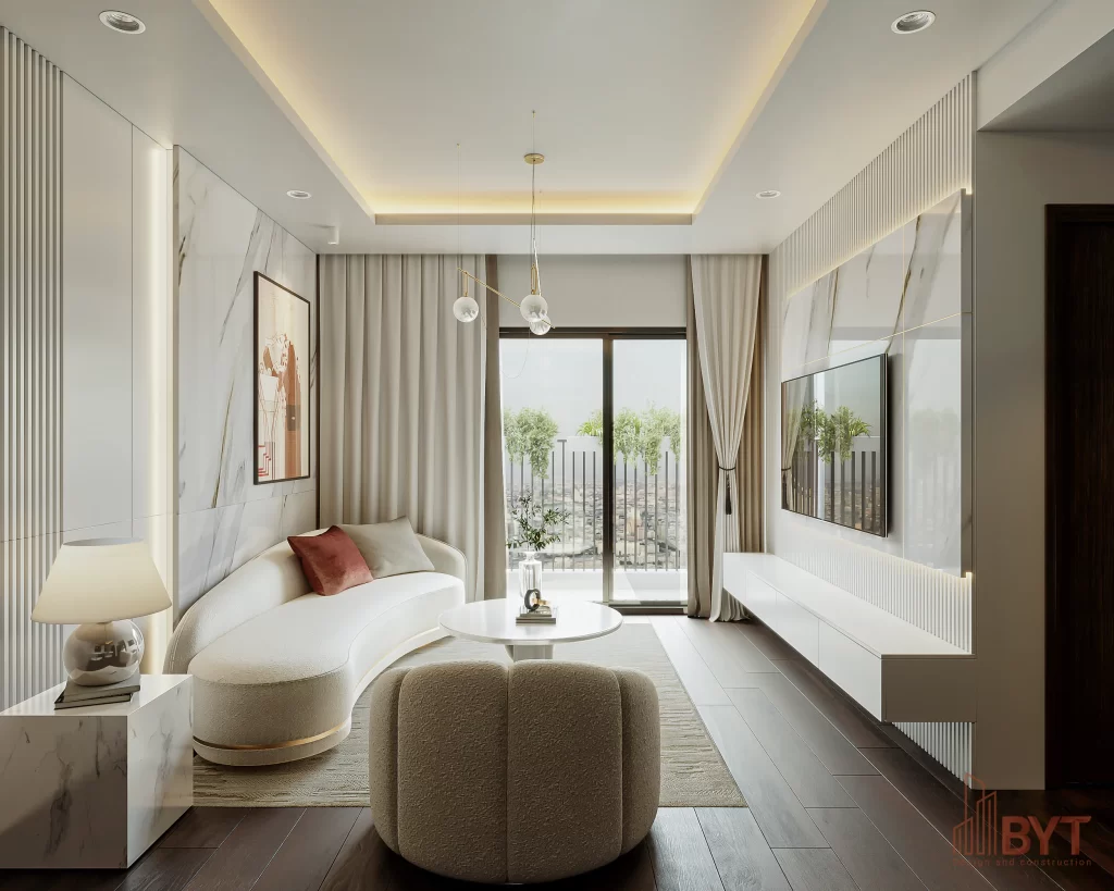 Thi công nội thất phòng khách tối giản tại căn hộ Hà Đông sảnh chờ cửa chính