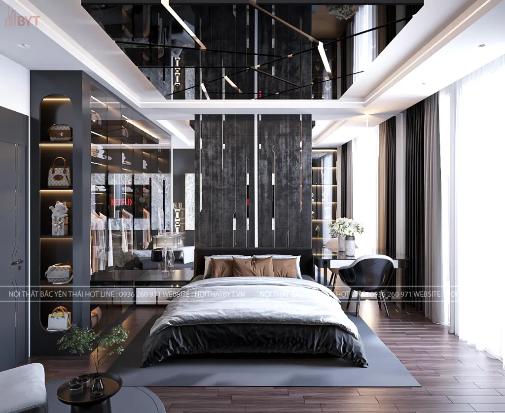 Thi công nội thất phòng ngủ tông lạnh huyền bí anh sáng và trang trí