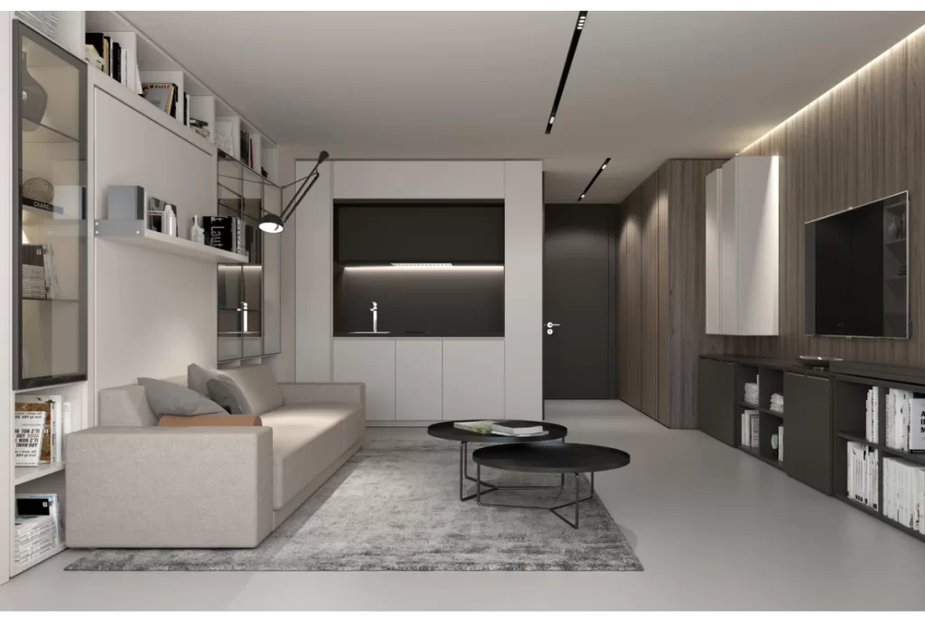 Thiết kế chung cư nhỏ 30-40m2 với sofa nhỏ và tủ âm tường.