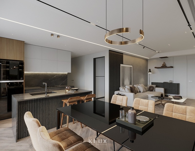 Thiết kế chung cư nhỏ 60-70m2 với bếp đảo và vách kính.