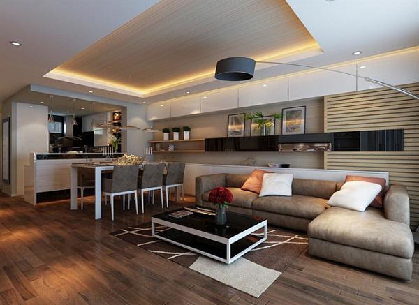 Thiết kế chung cư nhỏ phong cách Đương đại với sofa da.