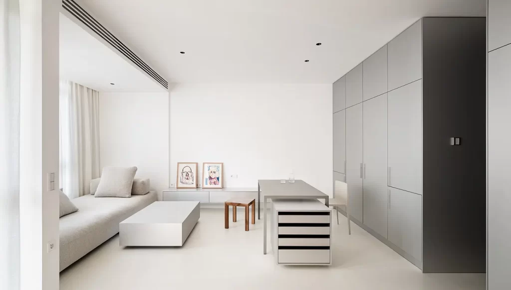 Thiết kế chung cư nhỏ phong cách Tối giản với tông trắng xám.
