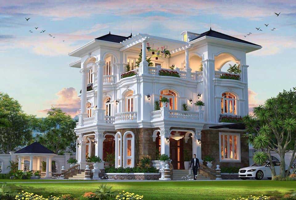 Thiết kế nội thất biệt thự Hà Đông 3 tầng với ban công kính và phòng thờ.
